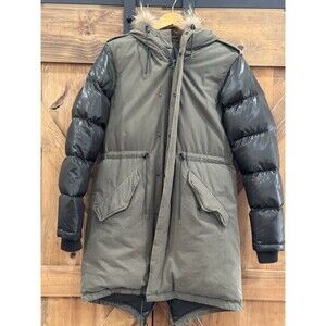Izzuextreme Army Green Down Puffer Parka Jacket Faux Fur Hood Women's Sz 4